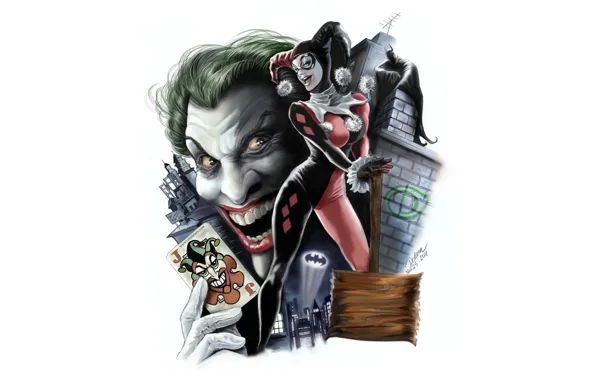 Картинка фон, арт, Джокер, Batman, art, Бетмен, Joker, Харли Квинн, DC Comics, Harley Quinn