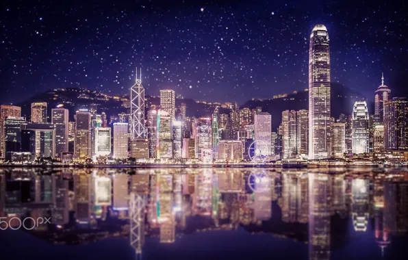 Картинка ночь, город, огни, Китай, Гонг Конг