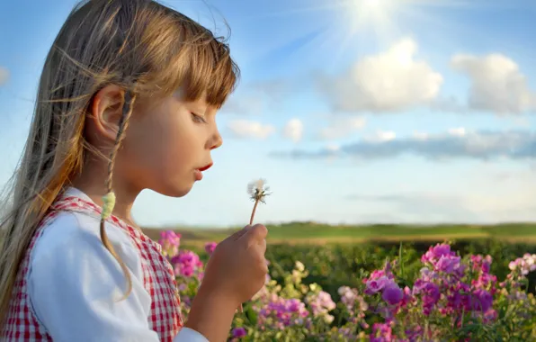 Картинка лето, небо, облака, цветы, природа, дети, детство, девочки, ребенок, розы, summer, happy, sky, nature, flowers, …