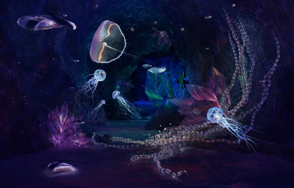 Картинка медузы, пещера, кристалы, Jewels of the Deep No DOF