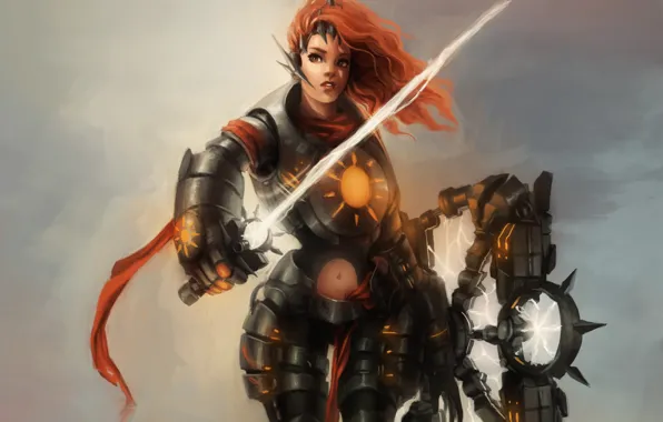 Картинка девушка, молния, меч, фэнтези, арт, лента, рыжая, броня, щит