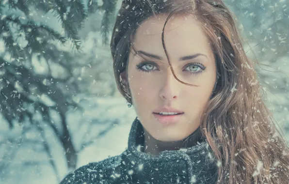 Картинка зима, глаза, взгляд, девушка, снег, волосы, портрет, губы, girl, шатенка, model, Photography, JimaGination