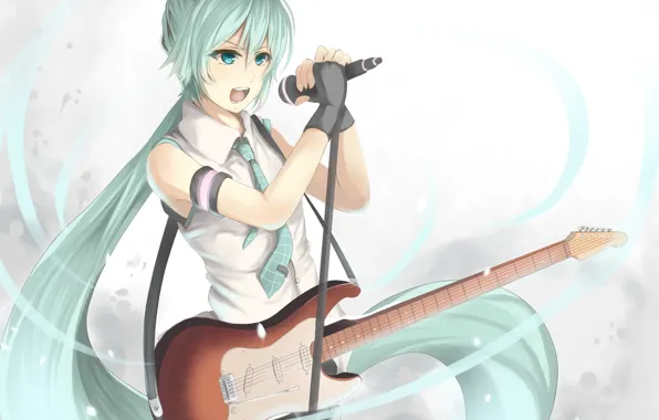 Картинка девушка, гитара, аниме, арт, микрофон, Hatsune Miku, Vocaloid, Вокалоид