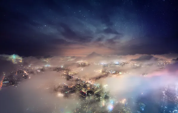 Картинка облака, ночь, туманность, Нью-Йорк, звезд, Эмпайр Стейт Билдинг, Соединенные Штаты, космос город