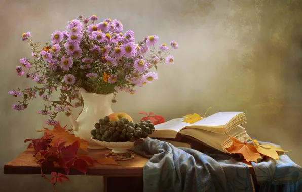 Картинка осень, листья, букет, виноград, книга, натюрморт, астры