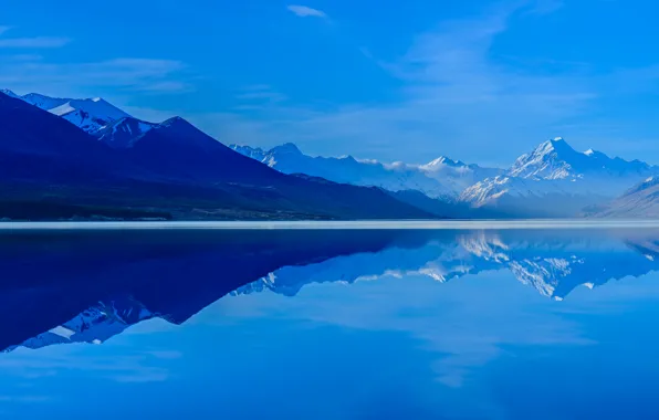 Картинка небо, горы, отражение, Новая Зеландия, остров Южный, Lake Pukaki, озеро Пукаки