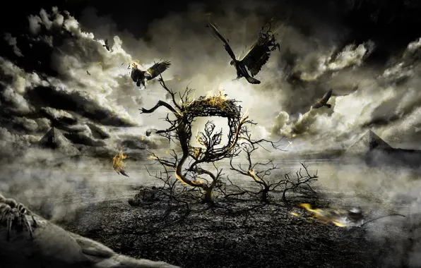 Картинка птицы, тучи, дерево, огонь, мрак, борьба, паук, Gothic