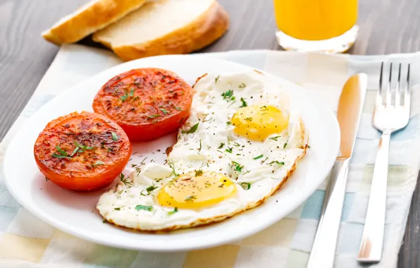 Картинка завтрак, яичница, Breakfast, spices, приправа, scrambled eggs, sliced tomatoes, дольки помидора