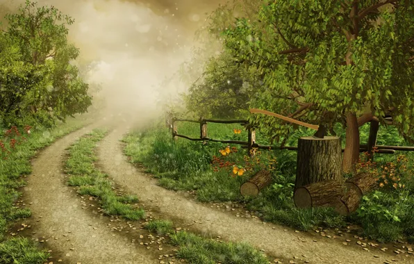 Картинка дорога, лес, трава, деревья, бабочки, природа, туман, блики, рисунок, забор, топор, поленья