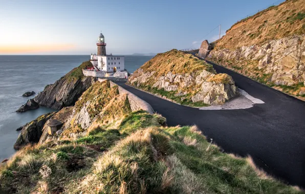 Картинка дорога, море, камни, скалы, побережье, маяк, Ирландия, Dublin, Baily lighthouse