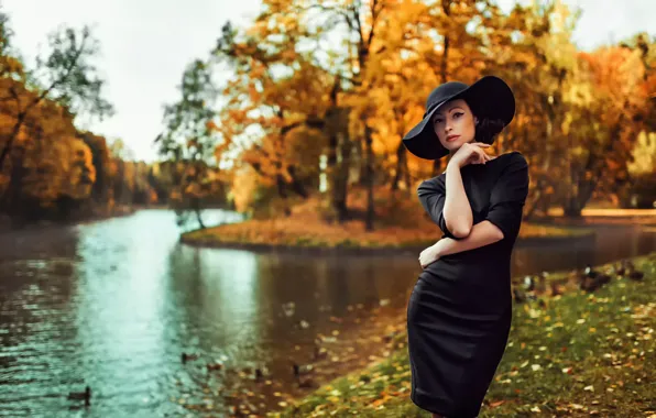 Картинка осень, девушка, платье, шляпка, Россия, Autumn colors