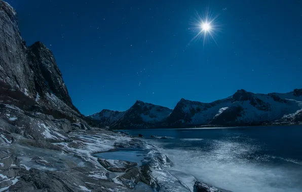 Картинка winter, mountains, lake, rocks, stars, moonlight, Evening