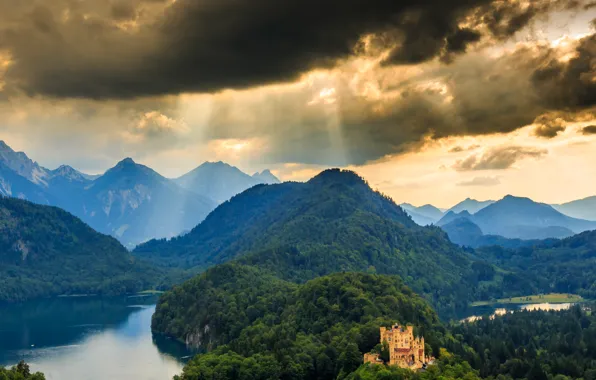 Картинка лес, пейзаж, горы, природа, замок, панорама, Germany, Schwangau