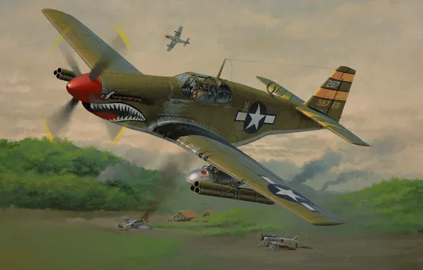 Картинка Mustang, истребитель, американцы, Мустанг, аэродром, P-51, North American, японцы