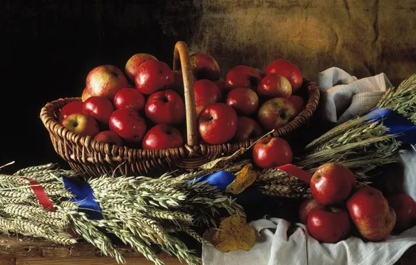 Картинка корзина, яблоки, красные, Натюрморт, плетёная