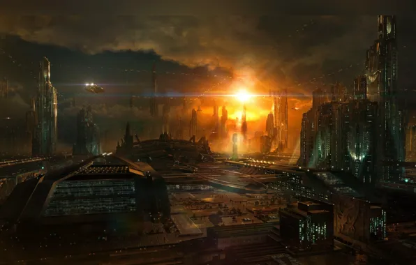 Картинка небо, облака, город, будущее, фантастика, планеты, здания, корабли, сумерки, CG wallpapers, восход Феникса, далёкие миры, …