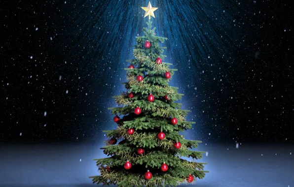 Картинка лучи, снег, ночь, праздник, шары, волшебство, звезда, елка, ель, красные, ёлка, magic, Christmas, snow, New …
