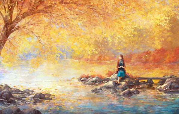 Картинка девушка, река, камни, дерево, листва, сад, арт, нарисованный пейзаж
