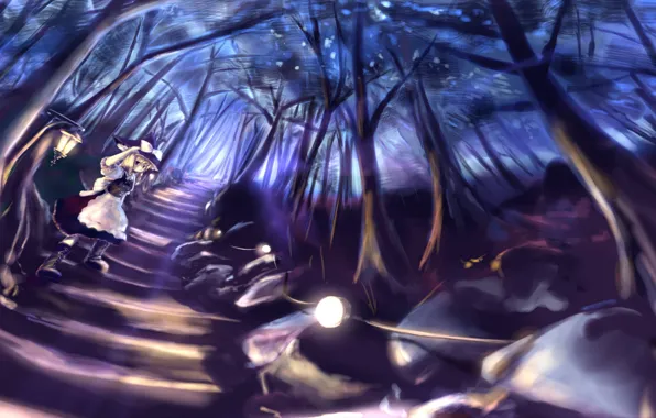 Картинка дорога, лес, девушка, деревья, ночь, природа, аниме, арт, фонари, Touhou, Kirisame Marisa