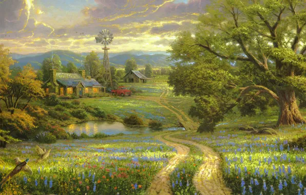Картинка поле, машина, цветы, горы, птицы, природа, озеро, дом, дерево, деревянный, house, живопись, мостик, большое, flowers, …