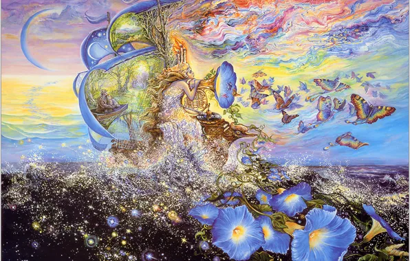 Картинка море, бабочки, цветы, фантазия, корабль, Josephine Wall, Andromedas Quest, музык