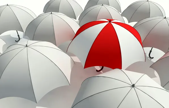Картинка белый, красный, зонтик, серый, серость, зонт, umbrella, отличие, выделяться из толпы