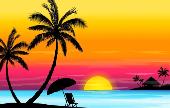 Картинка море, небо, солнце, закат, пальма, зонт, горизонт, шезлонг, бунгало
