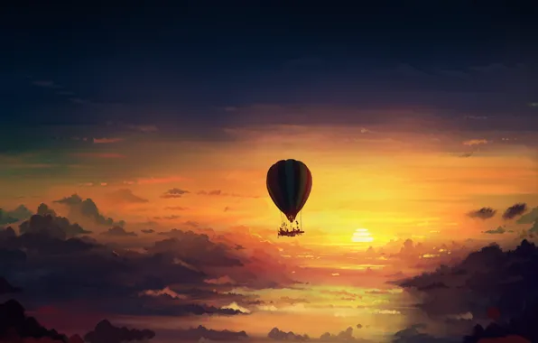 Картинка небо, облака, закат, art, romantically apocalyptic, alexiuss, apocalypse, Hot air balloon