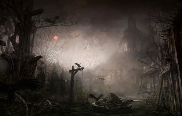 Картинка ночь, город, развалины, вороны, Diablo III