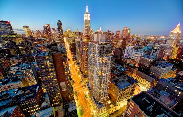 Картинка дорога, свет, город, огни, здания, Нью-Йорк, небоскребы, вечер, крыши, USA, New York, Manhattan, NYC, New …