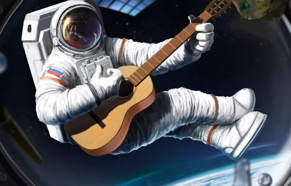 Картинка космос, корабль, гитара, космонавт, скафандр, арт, иллюминатор, шлем