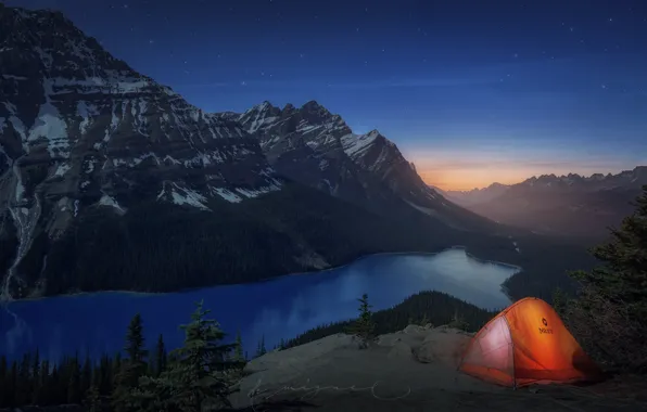 Картинка горы, озеро, скалы, вечер, Канада, палатка, Альберта