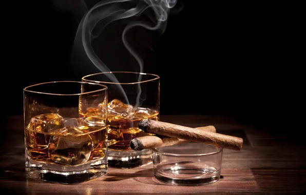 Картинка лед, стакан, сигара, ice, виски, cigar, a glass of whiskey