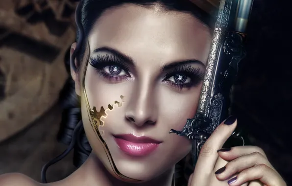 Картинка глаза, взгляд, девушка, лицо, оружие, узоры, волосы, арт, киборг, револьвер