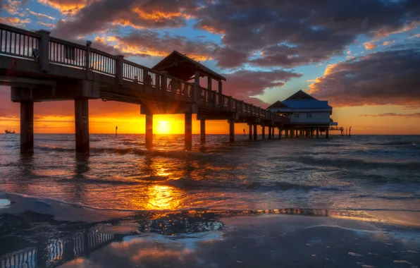 Картинка пляж, закат, пирс, Florida, USА, Clearwater Beach