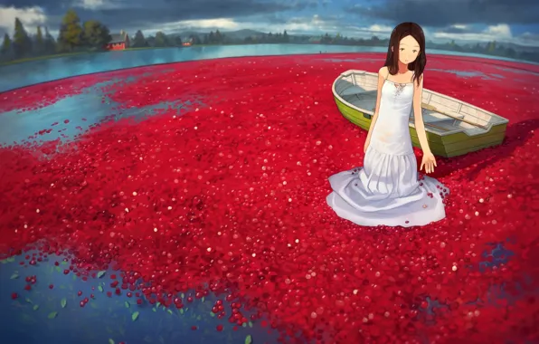 Картинка вода, девушка, озеро, ягоды, лодка, аниме, арт, yoshida seiji