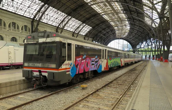Картинка граффити, вокзал, поезд, электричка, железная дорога, перон