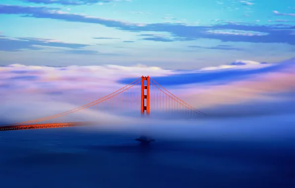 Картинка небо, облака, мост, город, туман, Калифорния, Сан-Франциско, Золотые Ворота, США