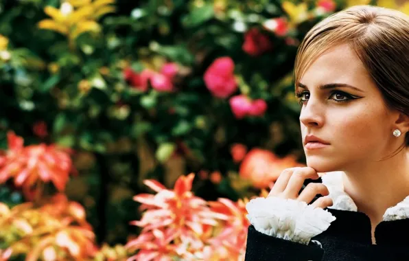 Картинка взгляд, девушка, цветы, лицо, фон, актриса, красотка, Эмма Уотсон, Emma Watson