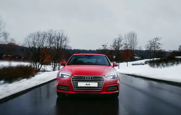 Картинка зима, дорога, снег, Audi, ауди, красная