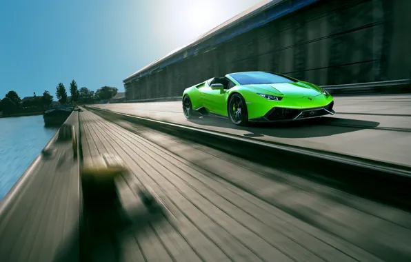 Картинка car, авто, green, Lamborghini, supercar, в движении, Spyder, speed, ламборгини, Novitec, Torado, Huracan