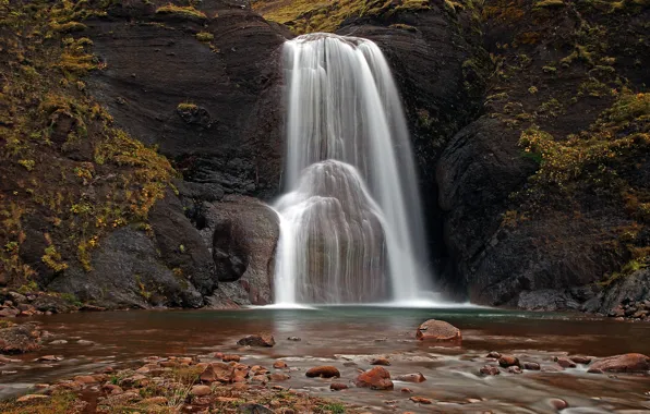 Картинка осень, природа, скала, река, камни, водопад