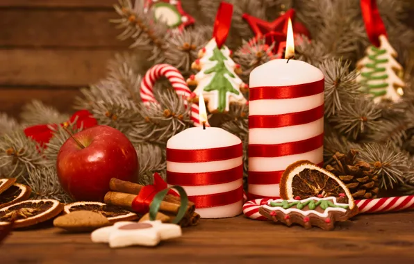 Картинка снег, украшения, шары, свечи, Новый Год, Рождество, Christmas, Xmas, cookies, decoration, Merry