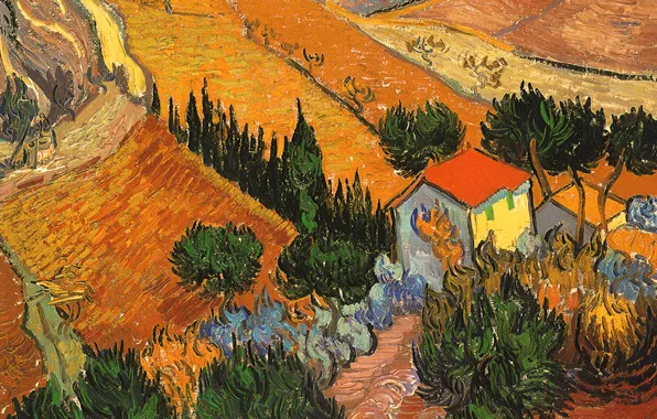 Картинка поле, деревья, пейзаж, дом, картина, Винсент Ван Гог
