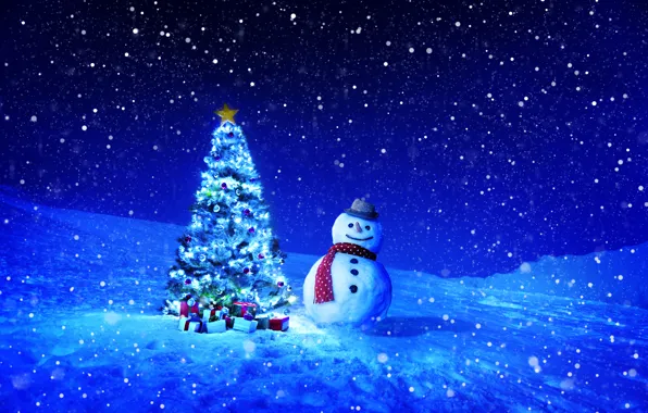 Картинка зима, снег, снежинки, ночь, праздник, игрушки, елка, подарки, Новый год, снеговик