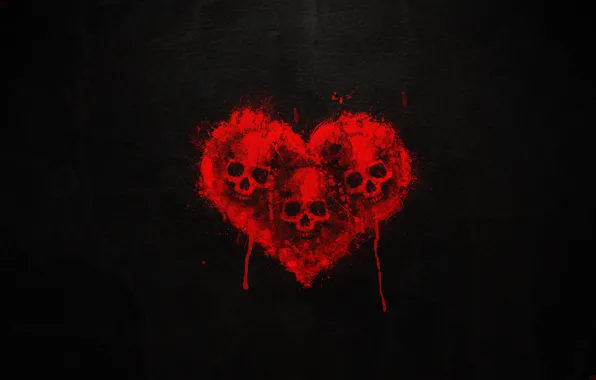 Картинка кровь, Сердце, Череп, черный фон, Три черепа