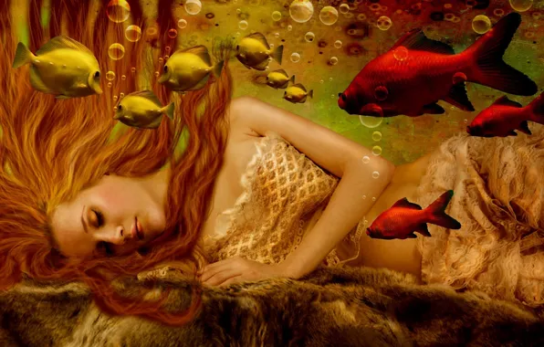 Картинка вода, девушка, рыбки, пузырьки, лицо, фантастика, волосы, русалка, руки, длинные