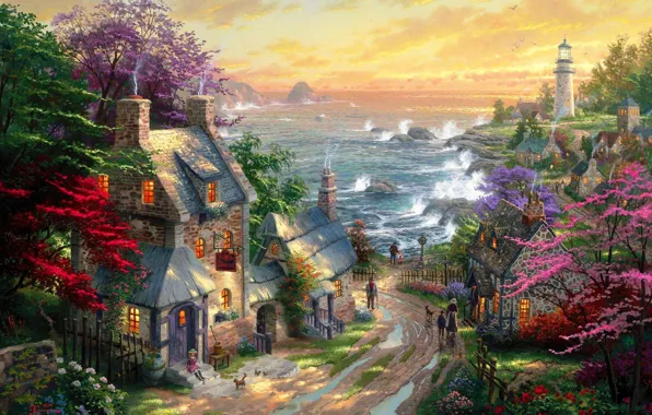 Картинка дорога, море, маяк, дома, деревня, лужи, живопись, Thomas Kinkade, коттеджи, The Village Lighthouse