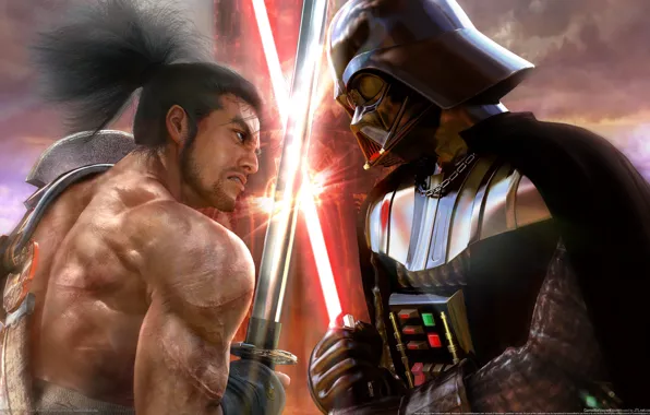 Картинка катана, битва, мечи, Soul Calibur 4, на мечах, Darth Vader vs самурай, Звездные Войны