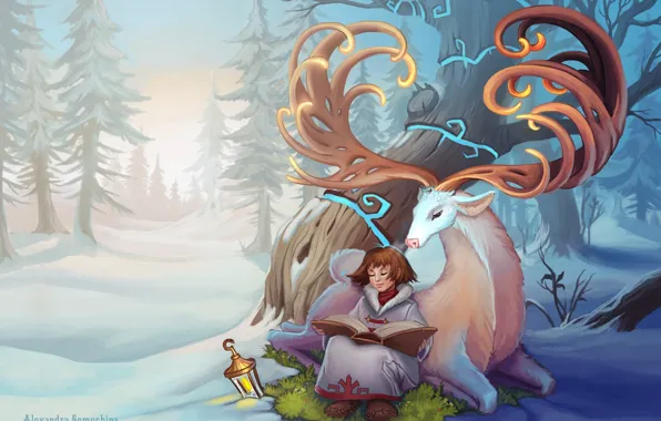 Картинка зима, лес, дерево, олень, арт, девочка, фонарь, рога, книга, Alexandra Semushina